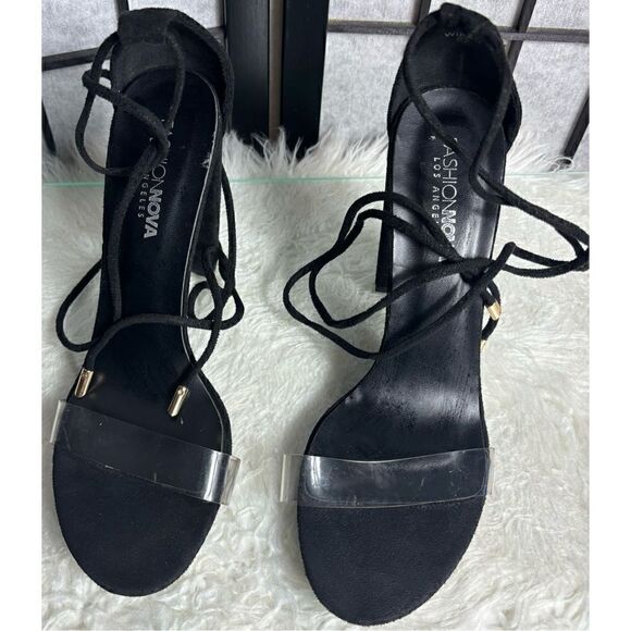 Fashion Nova Black Lace Up Open Toe Heels - Picture 1 of 6